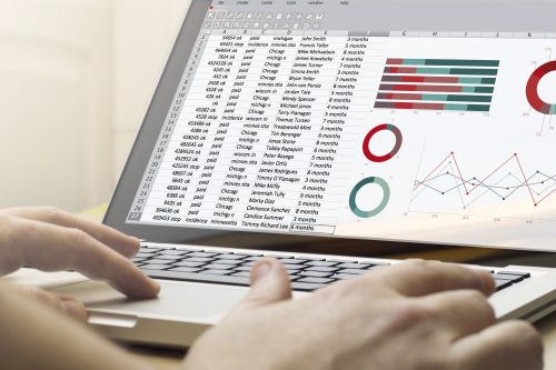 finances concept: man using a laptop with spreadsheet on the screen. Screen graphics are made up.