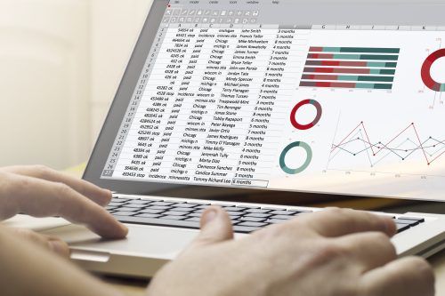 finances concept: man using a laptop with spreadsheet on the screen. Screen graphics are made up.